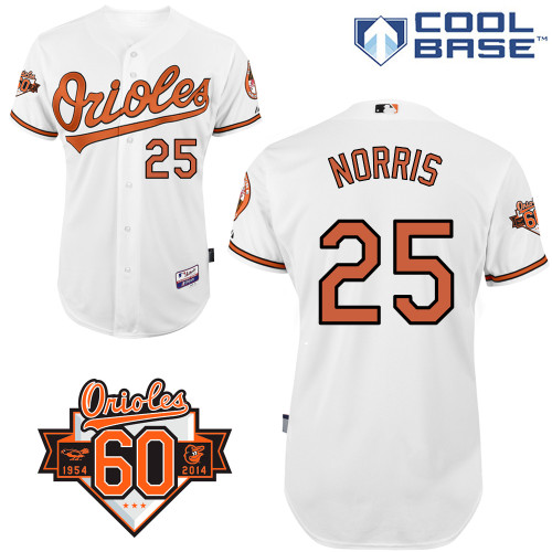 Bud Norris #25 MLB Jersey-Baltimore Orioles Men's Authentic Home White Cool Base/Commemorative 60th Anniversary Patch Baseball Jersey